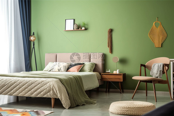 绿色墙壁的卧室图片
