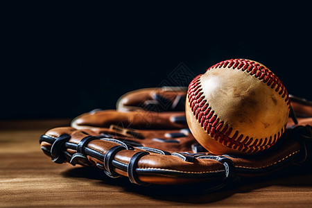 木桌上的棒球手套和棒球图片