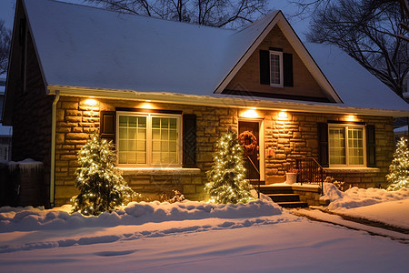 夜晚白雪皑皑的房屋建筑景观图片