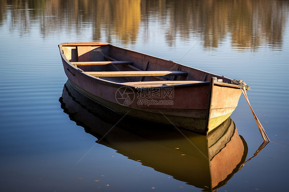 平静湖面上的小木船图片