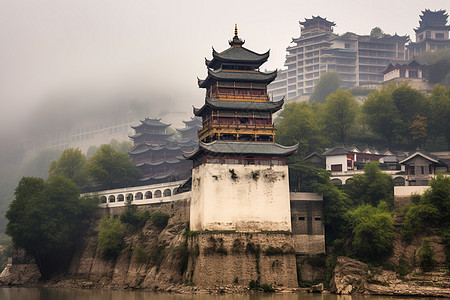 古香古色的河边建筑背景图片