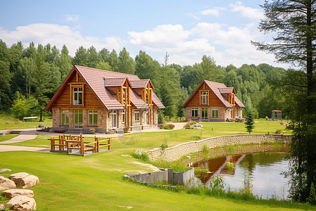 湖边住宅湖边木屋与翠绿田野背景