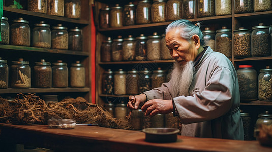 中药柜台中的老中医背景