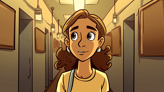 走廊中紧张的女学生动画插图图片