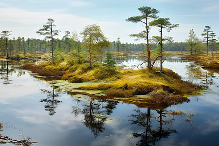 湿地小岛内的树木图片