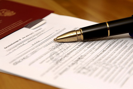 文件签字签证申请表上放着一支圆珠笔背景