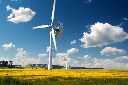 黄花田里的风力发电机背景图片