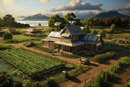 农业田地的建筑房屋背景图片