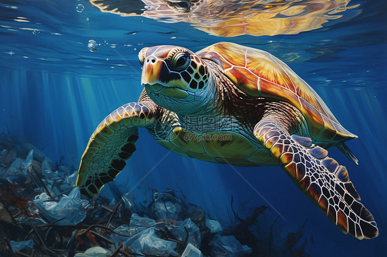 珊瑚礁游泳的海龟图片