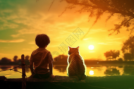 湖畔奇幻孩子与猫高清图片