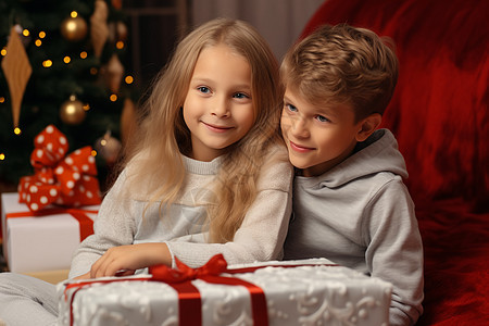 圣诞树下的孩子图片