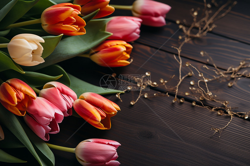 木桌上的郁金香图片