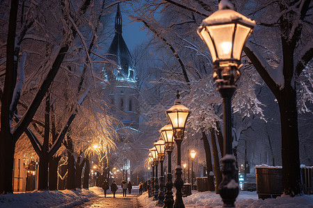 夜晚雪地里的街灯和教堂图片