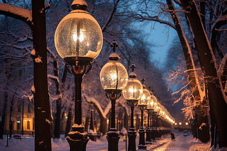 城市街道雪景夜晚雪景下的街灯背景