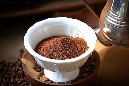 咖啡详情页放在桌上的咖啡和咖啡豆背景