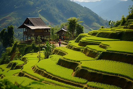 山谷中的梯田茶园背景图片