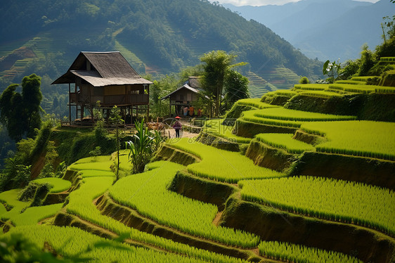 山谷中的梯田茶园图片