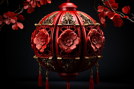 视觉魅力红色圆形灯笼上的花朵背景图片
