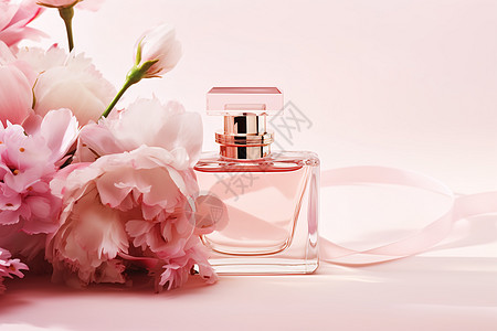 粉色花束中的香水瓶图片
