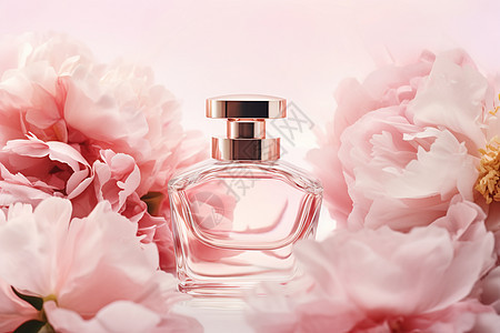 粉色花朵围绕的一瓶香水背景图片