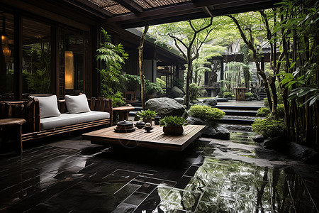 精致的中庭设计竹木对比宁静空间图片