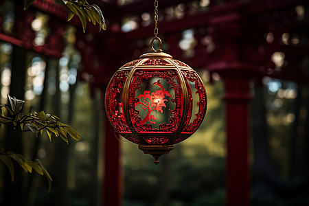 红色灯笼悬挂在森林中背景图片