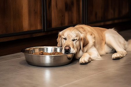 金毛犬在厨房里吃饭图片