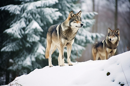 两只狼在雪地中图片
