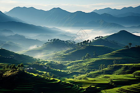 青山绿意的朦胧山谷图片