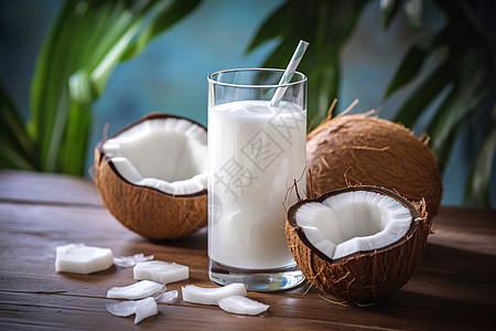 木制餐桌上的椰子与牛奶图片
