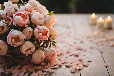 一桌蜡烛环绕的玫瑰鲜花图片