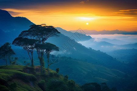 日出山间的美丽景观背景图片