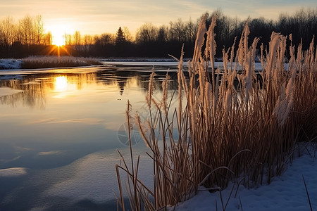日落时分的冬日湖畔图片