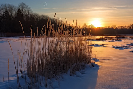 冬季乡村芦苇塘的自然景观背景图片