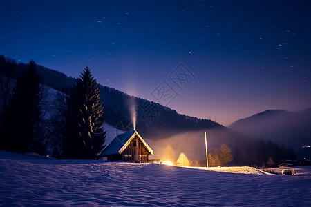 雪夜山居的美丽景观背景图片