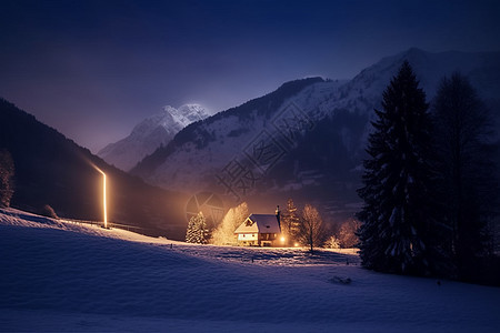 夜幕下的雪地小屋图片