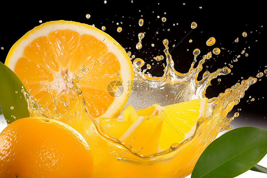 橙色水果和水滴的飞溅图片
