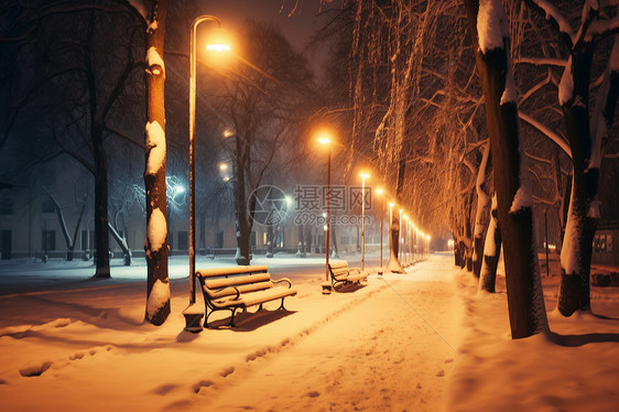 冬夜的城市公园银装素裹图片