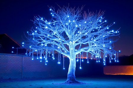 冬夜挂满灯泡发光的树木图片