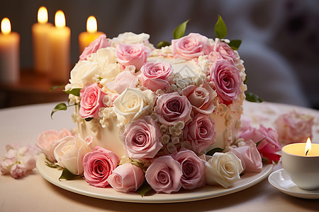 玫瑰花装饰的蛋糕图片