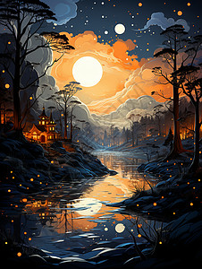 冬夜奇幻森林的油画插图背景图片