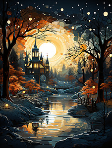 梦幻冬季森林的创意插图背景图片