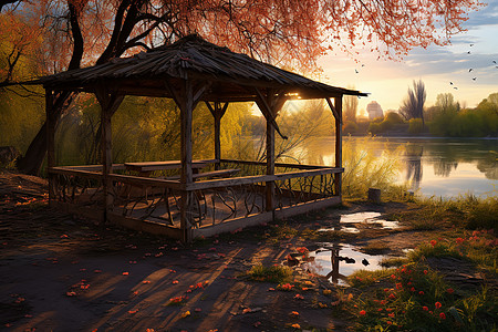 景色优美的湖边茅草亭背景图片