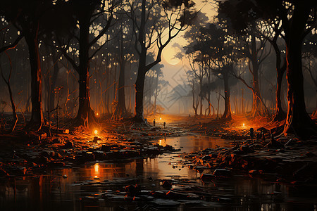 火光中宁静神秘的树林背景图片