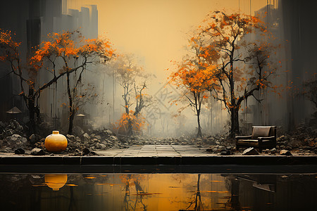 秋季废墟中的落叶插图背景图片