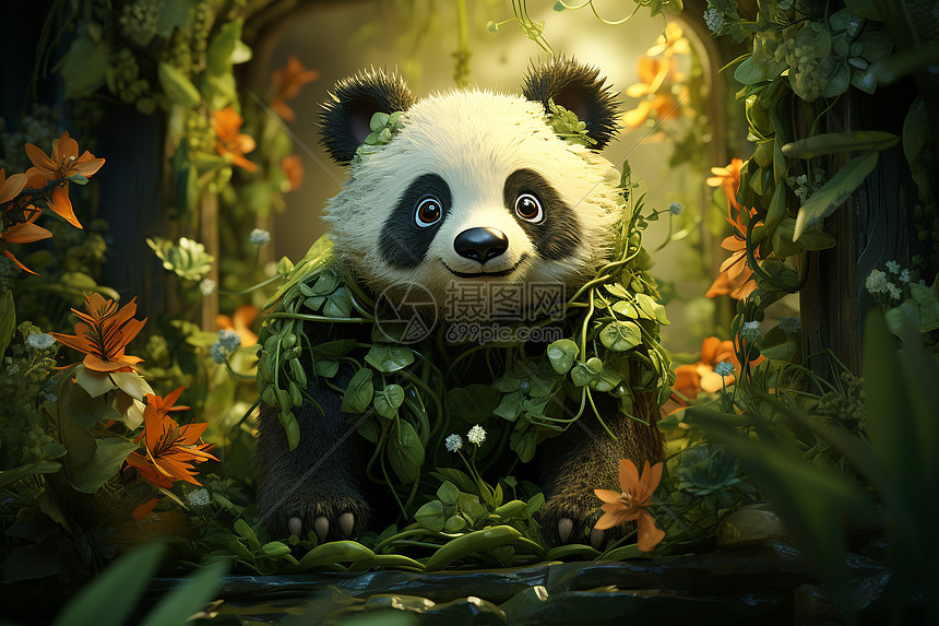 绿色森林中的小熊猫图片