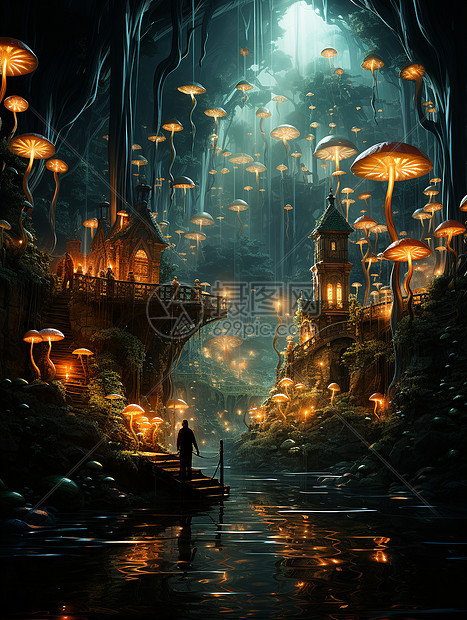 神秘仙境的梦幻森林油画插图图片