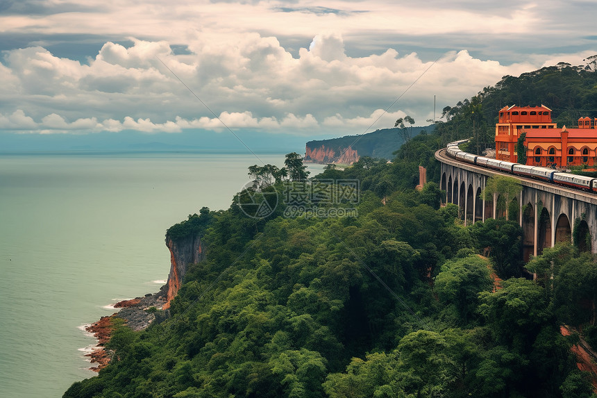 悬崖海边的火车桥景观图片