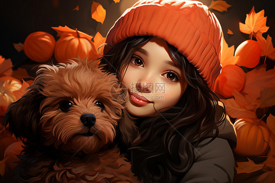 姑娘与秋天的狗图片