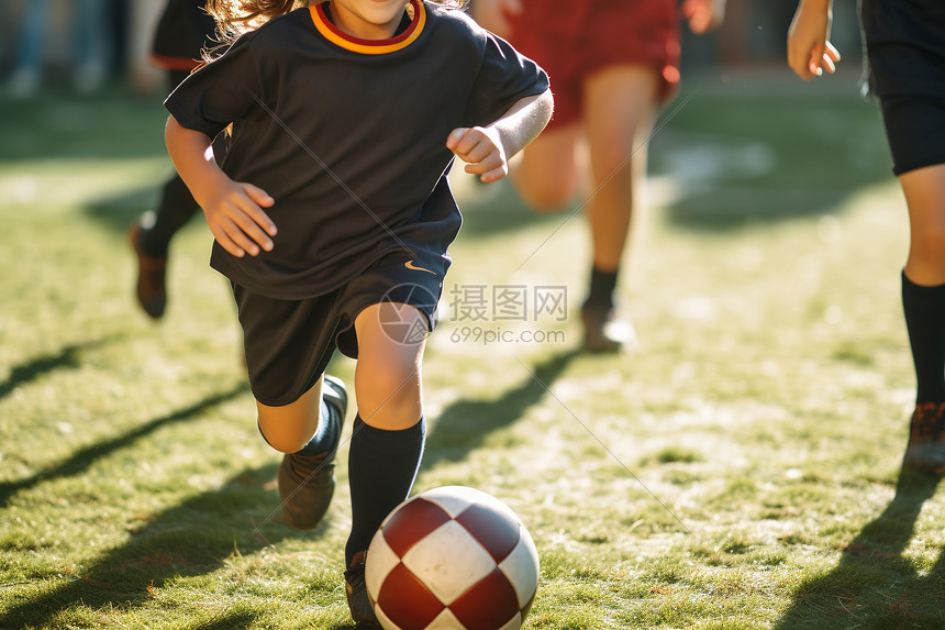 在草坪踢足球的少年图片